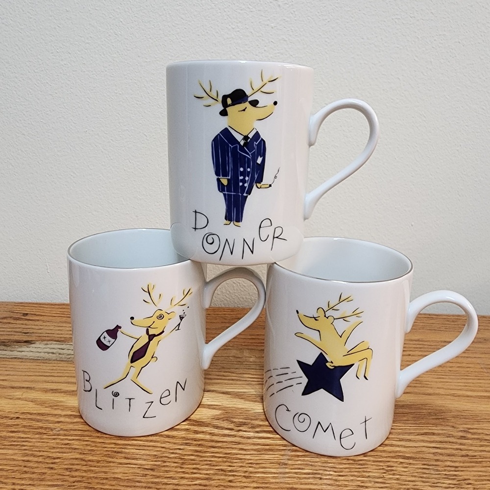 Pottery Barn Reindeer Coffee Tea Mugs Set Of 3 Donner, Comet and Blitzen